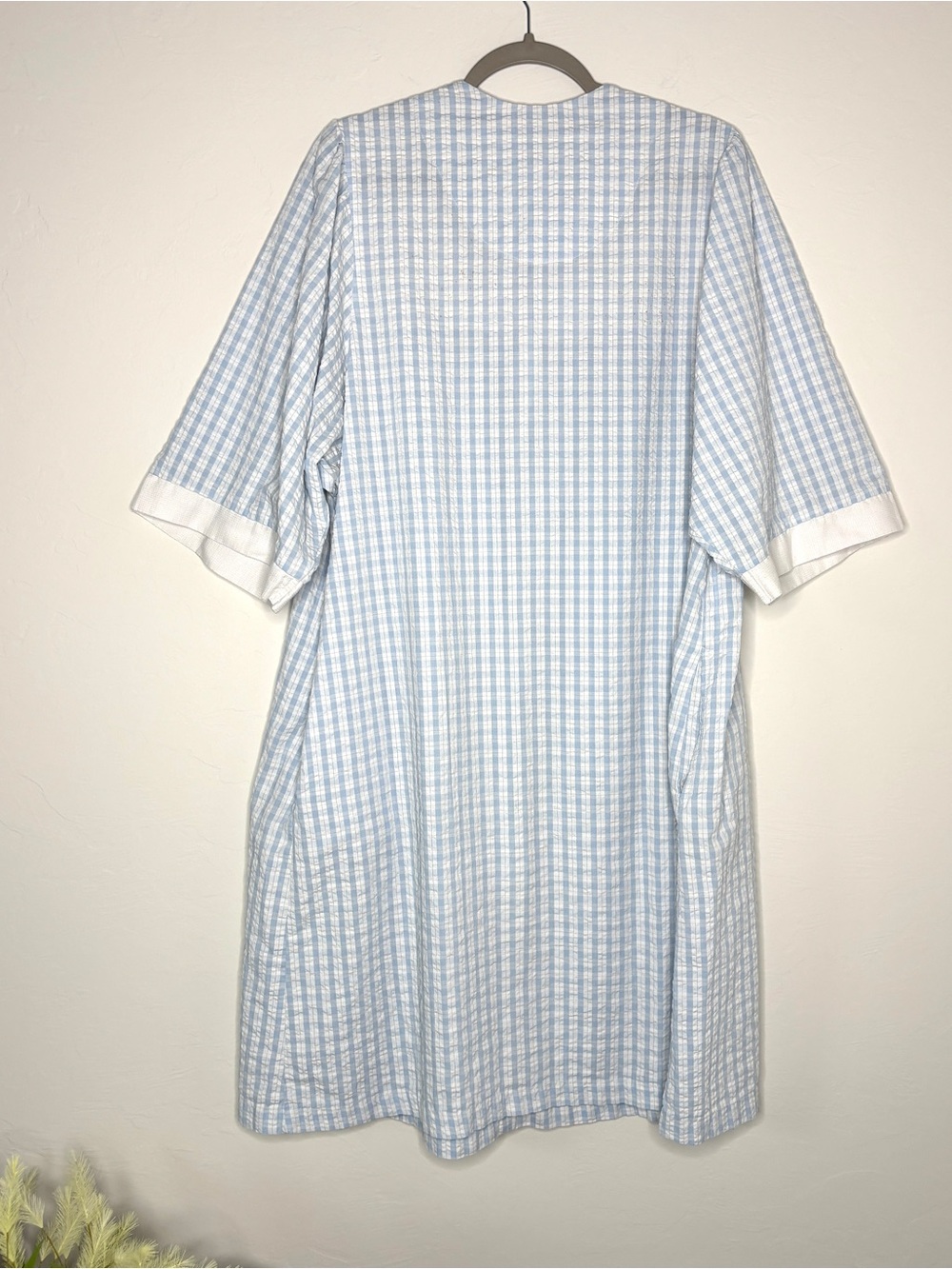 Housecoat Dress Blue Gingham Embroidered Yoke muumuu nightgown lounge vintage L - Picture 2 of 8